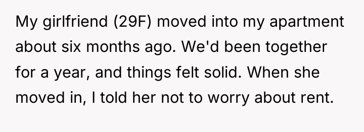 My girlfriend (29F) moved into my apartment about six months...