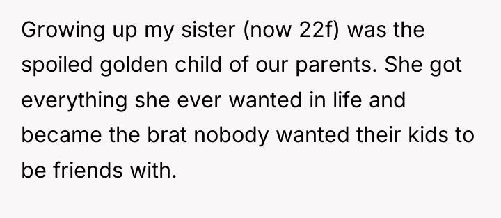 Growing up my sister (now 22f) was the spoiled golden...