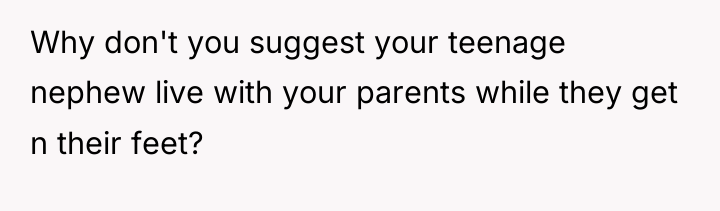Why don't you suggest your teenage nephew live with your...