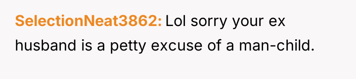 SelectionNeat3862 Lol sorry your ex husband is a petty excuse...
