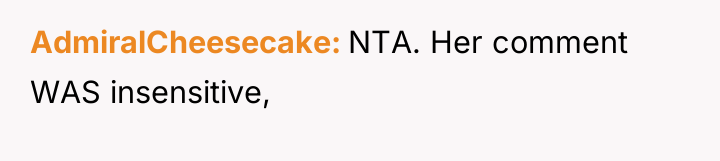 AdmiralCheesecake NTA. Her comment WAS insensitive,
