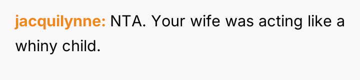 jacquilynne NTA. Your wife was acting like a whiny child.