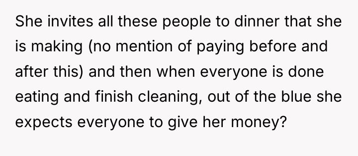 She invites all these people to dinner that she is...