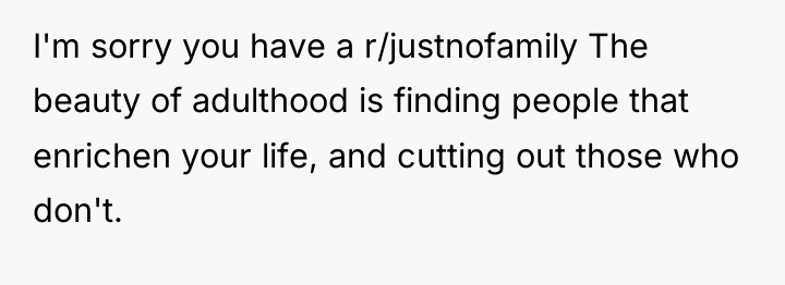 I'm sorry you have a r/justnofamily The beauty of adulthood...