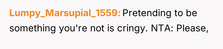 Lumpy_Marsupial_1559 Pretending to be something you're not is cringy. NTA:...