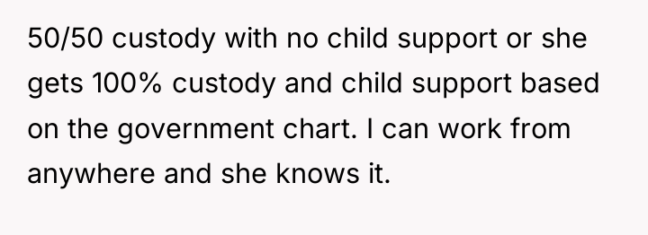 50/50 custody with no child support or she gets 100%...