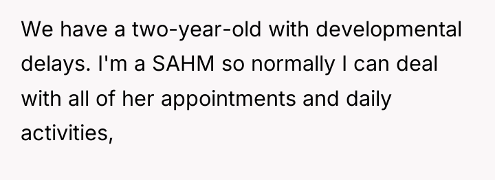 We have a two-year-old with developmental delays. I'm a SAHM...