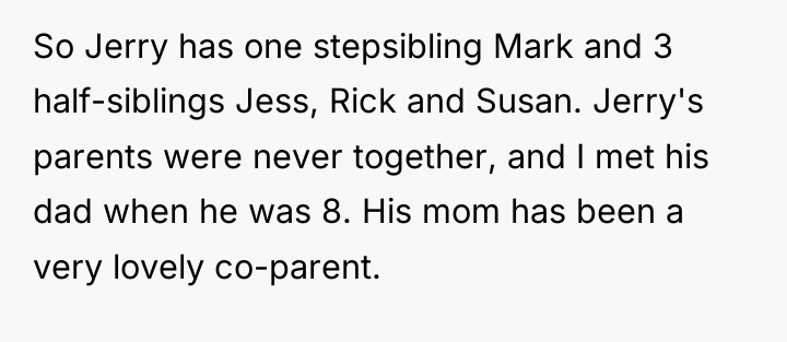 So Jerry has one stepsibling Mark and 3 half-siblings Jess,...