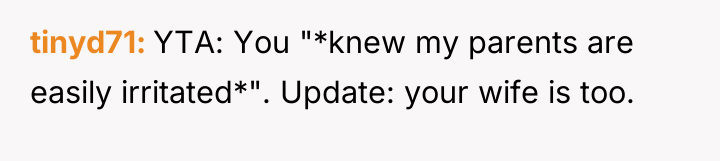 tinyd71 YTA: You "*knew my parents are easily irritated*". Update:...