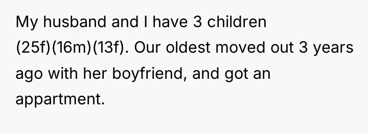 My husband and I have 3 children (25f)(16m)(13f). Our oldest...