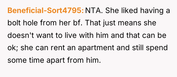 Beneficial-Sort4795 NTA. She liked having a bolt hole from her...