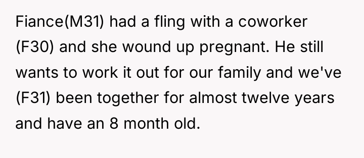 Fiance(M31) had a fling with a coworker (F30) and she...