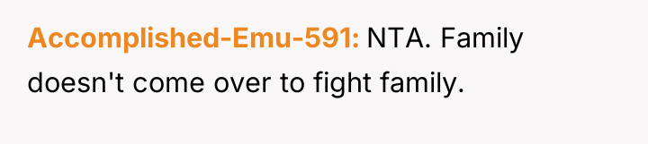 Accomplished-Emu-591 NTA. Family doesn't come over to fight family.