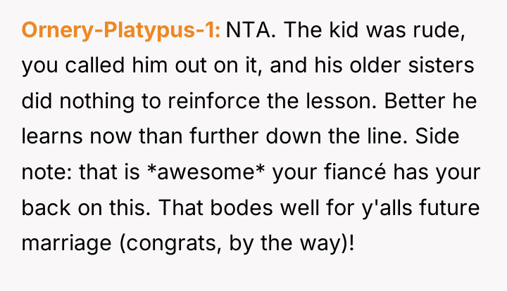 Ornery-Platypus-1 NTA. The kid was rude, you called him out...