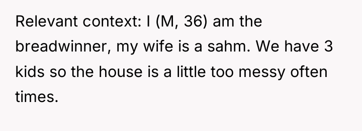 Relevant context: I (M, 36) am the breadwinner, my wife...