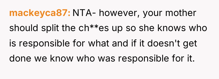mackeyca87 NTA- however, your mother should split the ch**es up...