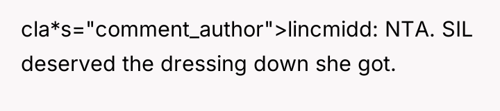cla*s="comment_author">lincmidd: NTA. SIL deserved the dressing down she got.