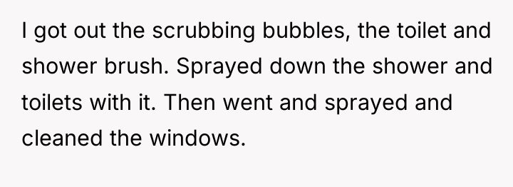 I got out the scrubbing bubbles, the toilet and shower...
