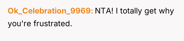 Ok_Celebration_9969 NTA! I totally get why you're frustrated.