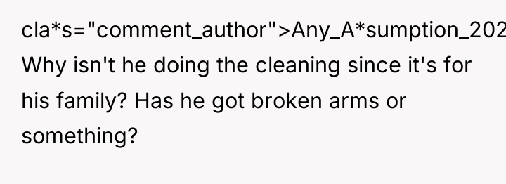 cla*s="comment_author">Any_A*sumption_2023: Why isn't he doing the cleaning since it's for...