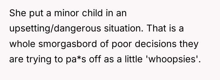 She put a minor child in an upsetting/dangerous situation. That...