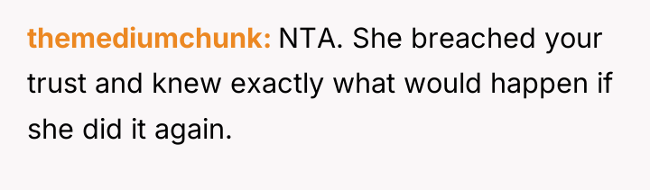themediumchunk NTA. She breached your trust and knew exactly what...