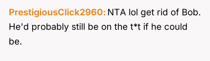 PrestigiousClick2960 NTA lol get rid of Bob. He'd probably still...