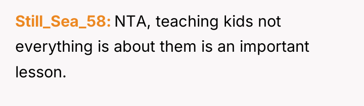 Still_Sea_58 NTA, teaching kids not everything is about them is...