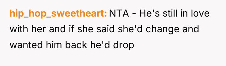 hip_hop_sweetheart NTA - He's still in love with her and...
