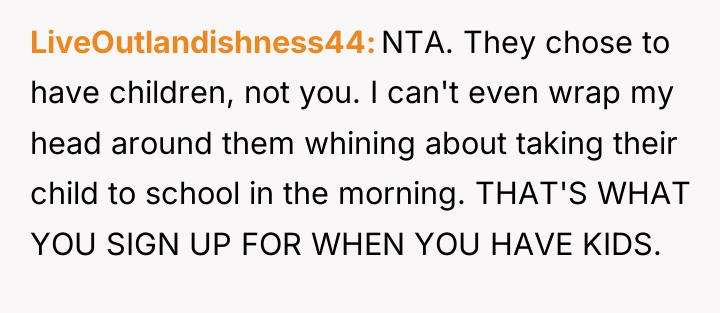 LiveOutlandishness44 NTA. They chose to have children, not you. I...