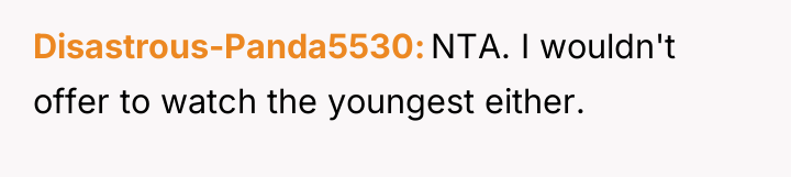 Disastrous-Panda5530 NTA. I wouldn't offer to watch the youngest either.