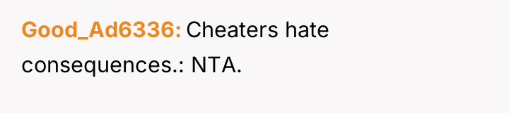 Good_Ad6336 Cheaters hate consequences.: NTA.