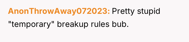 AnonThrowAway072023 Pretty stupid "temporary" breakup rules bub.