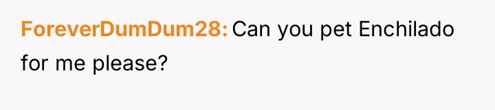 ForeverDumDum28 Can you pet Enchilado for me please?