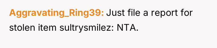 Aggravating_Ring39 Just file a report for stolen item sultrysmilez: NTA.