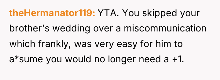 theHermanator119 YTA. You skipped your brother's wedding over a miscommunication...