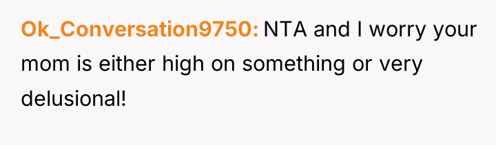 Ok_Conversation9750 NTA and I worry your mom is either high...