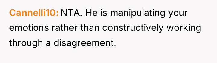 Cannelli10 NTA. He is manipulating your emotions rather than constructively...
