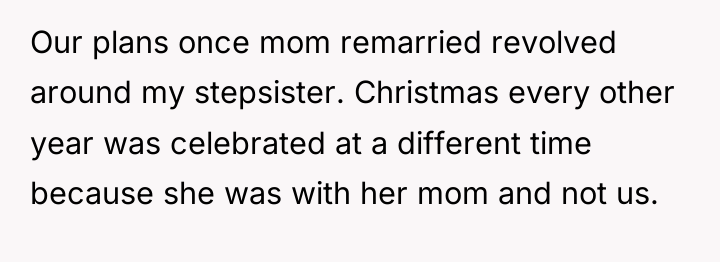 Our plans once mom remarried revolved around my stepsister. Christmas...