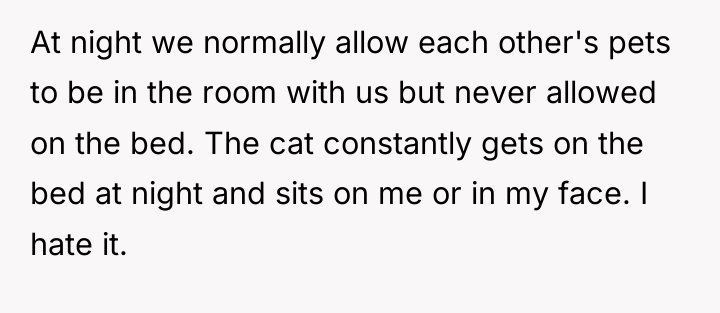 At night we normally allow each other's pets to be...