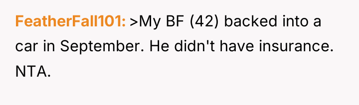 FeatherFall101 >My BF (42) backed into a car in September....