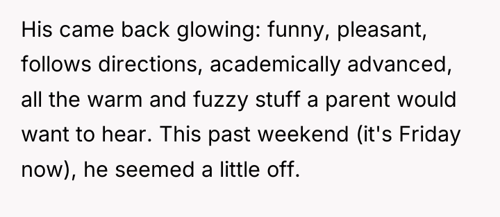 His came back glowing: funny, pleasant, follows directions, academically advanced,...