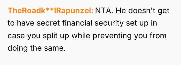 TheRoadk**lRapunzel NTA. He doesn't get to have secret financial security...