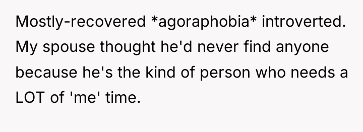 Mostly-recovered *agoraphobia* introverted. My spouse thought he'd never find anyone...