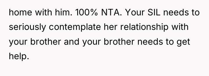 home with him. 100% NTA. Your SIL needs to seriously...