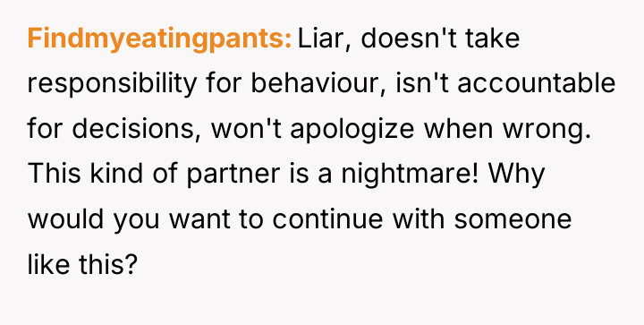 Findmyeatingpants Liar, doesn't take responsibility for behaviour, isn't accountable for...