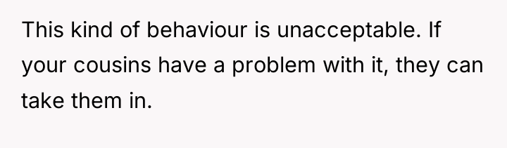 This kind of behaviour is unacceptable. If your cousins have...