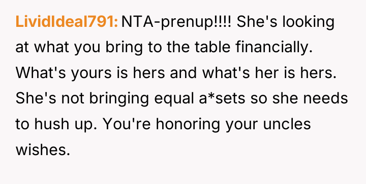 LividIdeal791 NTA-prenup!!!! She's looking at what you bring to the...