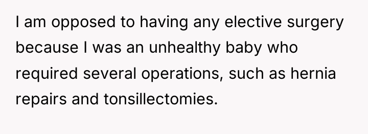 I am opposed to having any elective surgery because I...