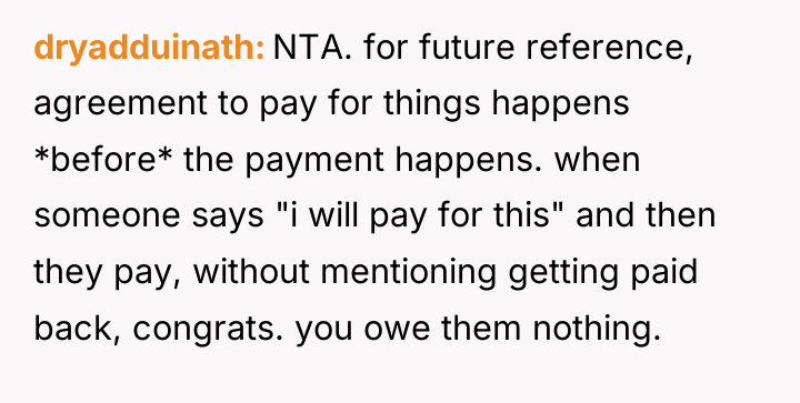 dryadduinath NTA. for future reference, agreement to pay for things...